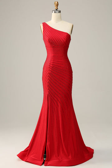 Un Hombro Rojo Vestido de Fiesta Con Abalorios